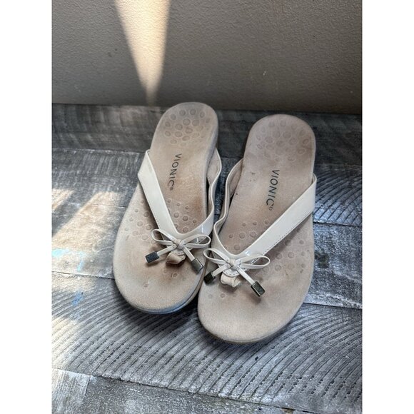 Vionic Bella Bow Women's Orthotic Sandals Thong Size 8.5 Beige Bow - Picture 1 of 4